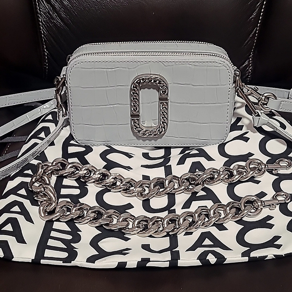 MARC JACOBS SNAPSHOT BAG CROC-EMBOSSED CROSSBODY SILVER GREY